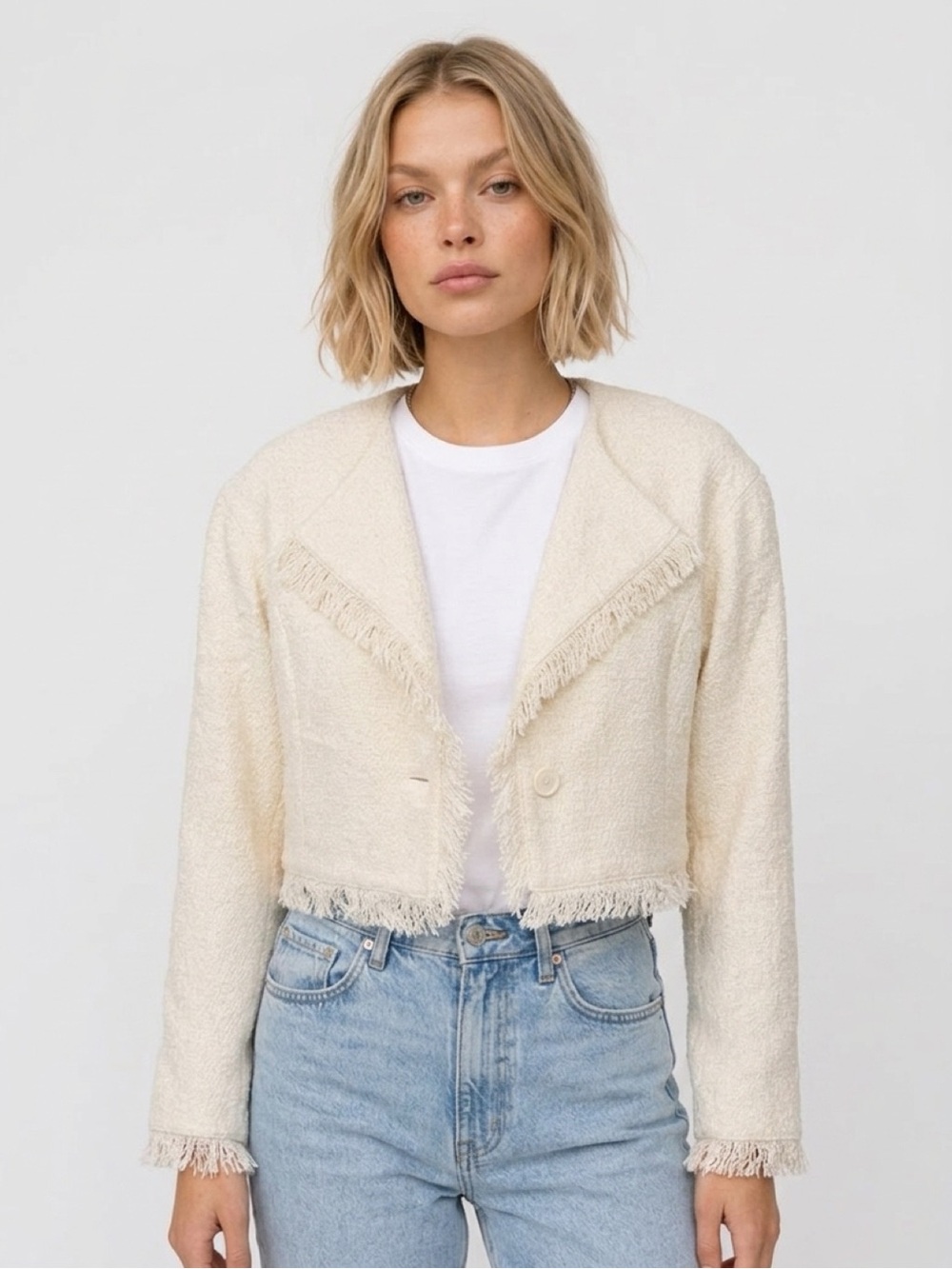 Something Navy Cream Fringe-Trim Cropped Jacket